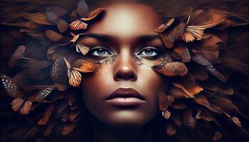 kvinnas ansikte fastnar ut i de mitten av en full grupp av fjärilar. ai genererad. foto