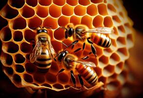 en grupp av bi på de vaxkaka producerar honung. ai genererad. foto