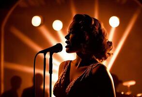 kvinna jazz sångare på skede under en konsert upplyst förbi visa lampor. ai genererad. foto
