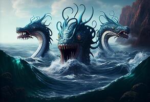 tre huvud hav monster fantasi 3d illustration digital konst landskap tapet. ai genererad. foto