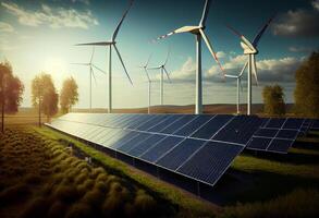 vind turbiner och sol- paneler bruka i en fält. förnybar grön energi. ai genererad. foto
