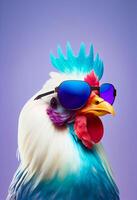 kreativ djur- sammansättning. kyckling bär nyanser solglasögon monokel isolerat. pastell lutning bakgrund. med text kopia Plats. ai genererad foto