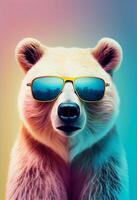 kreativ djur- sammansättning. Björn bär nyanser solglasögon monokel isolerat. pastell lutning bakgrund. med text kopia Plats. ai genererad foto