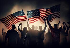grupp av människor vinka amerikan flaggor i tillbaka belyst. ai genererad. foto