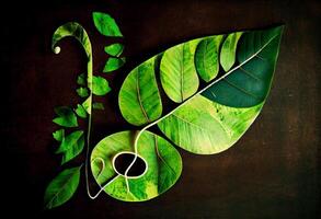 diskant klav musik anteckningar tillverkad från natur grön blad. begrepp av värld musik terapi dag . ai genererad. foto