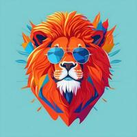konstverk av tshirt grafisk design platt design av ett lejon i solglasögon. ai genererad foto