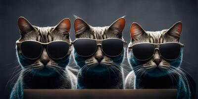 tre katter med solglasögon på mörk bakgrund. ai genererad foto