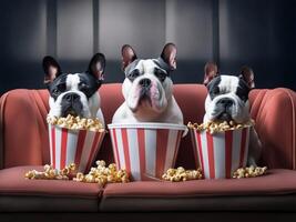 tre franska bulldogg med popcorn tittar på en film i bio. ai genererad foto