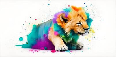 lejon spelar i färgrik vatten Färg , smutsig med Färg stänk ai genererad. foto