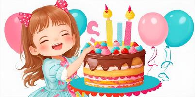 illustration av en Lycklig liten flicka och henne födelsedag kaka. ai genererad. foto