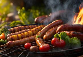 grillad korvar och grönsaker på en flammande bbq grill. ai genererad foto