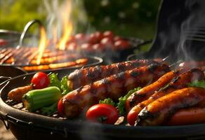 grillad korvar och grönsaker på en flammande bbq grill. ai genererad foto