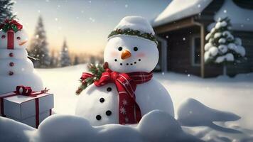 jul baner av gåva lådor på snö utanför med snögubbe. ai genererad foto