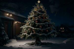 dekorerad jul träd utomhus- på natt. ai genererad foto