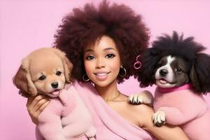 stänga upp skott av nöjd kvinna med afro hår håll hundar. ai genererad foto