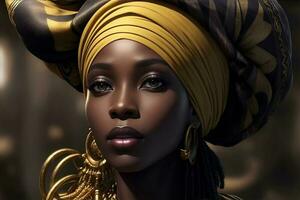 svart kvinna i afrikansk turban på studio bakgrund. ai genererad foto