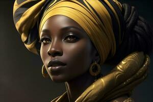 svart kvinna i afrikansk turban på studio bakgrund. ai genererad foto