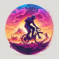 verkan skott av en cyklist cykel synthwave tshirt. ai genererad foto