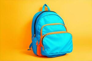 blå skola ryggsäck på orange bakgrund, tillbaka till skola begrepp med kopia Plats. ai genererad foto