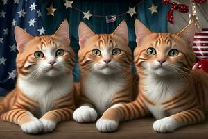 tre ingefära katter har fjärde av juli fest. ai genererad foto