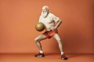 Lycklig gammal man håller på med sport på Färg studio bakgrund. generativ ai foto