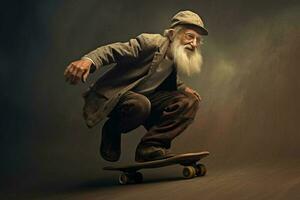 gammal man på en skateboard. generativ ai foto