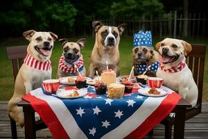 hundar har fjärde av juli fest. ai genererad foto