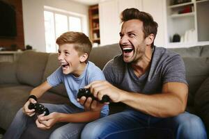 far och son skratt och spela video spel tillsammans. ai genererad foto
