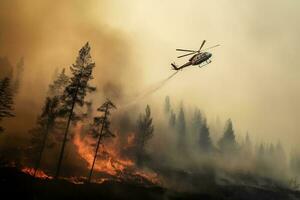 brandman helikopter dropp vatten i en skog brand.. ai genererad foto