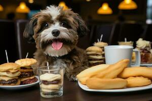 Lycklig hund bitande en burger på en öppen begrepp levande rum. ai genererad foto