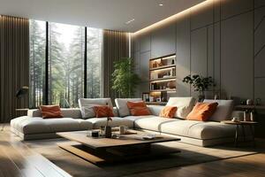 modern levande rum professionellt designad. öppen begrepp. minimalistisk. ai genererad foto
