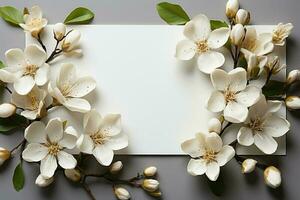 en lägga platt bröllop stil över en vit styrelse med en tom papper notera. ai genererad foto