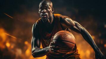 en basketboll spelare med hans händer på de boll, i de stil av softbox belysning, mörk gul och mörk brun. ai genererad foto