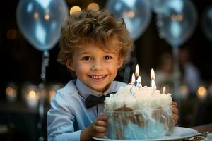 en små Lycklig pojke innehav upp en födelsedag kaka till de kamera. ai genererad foto