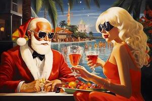 santa claus är i de strand dricka martinis med attraktiv kvinnor. ai genererad foto