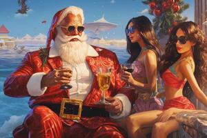 santa claus är i de strand dricka martinis med attraktiv kvinnor. ai genererad foto