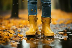 fötter av barn i gul sudd stövlar Hoppar över pöl i regn. ai genererad foto