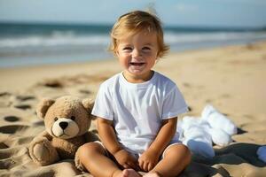 vit bebis tshirt mockup, leende söt bebis modell Sammanträde på de strand. ai genererad foto