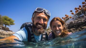 Lycklig par snorkling i en underbar korall rev. ai genererad foto