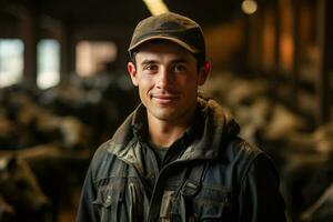 porträtt en leende ung jordbrukare i en ladugård utfodra kor. ai genererad foto