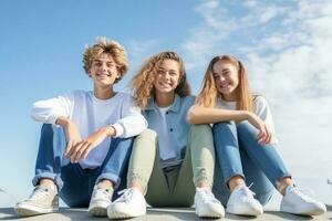 porträtt av 3 leende tonåringar bär jeans och gymnastikskor Sammanträde på de vägg, suddig blå himmel bakgrund. ai genererad foto