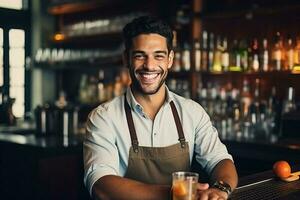 porträtt leende bartender blandar en cocktail i en shaker. ai genererad foto