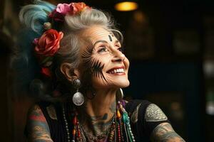 leende gammal tatuerade mode kvinna med djärv hår rökning en cigarett. ai genererad foto