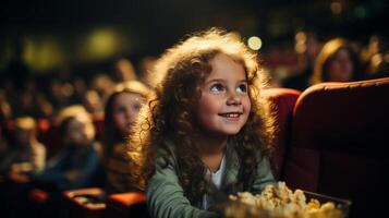 barn flicka äter popcorn i en film teater, Sammanträde och äter popcorn. ai genererad foto