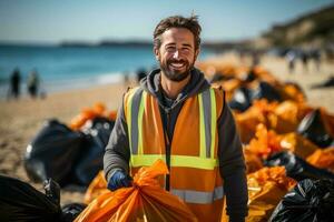 porträtt stänga upp leende blandad lopp volontär- man samlar skräp på de strand. ai genererad foto