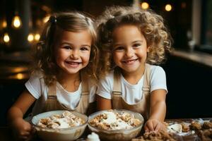 porträtt av 2 flicka unge framställning kaka bageri i kök. ai genererad foto