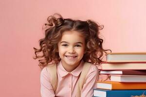porträtt av en Lycklig barn liten flicka med glasögon Sammanträde på en stack av böcker och läsning en böcker, ljus rosa bakgrund. ai genererad foto