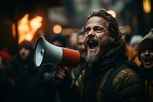 porträtt av en man ropar in i en megafon under en protest. ai genererad foto