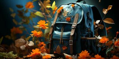 skola ryggsäck med pennor och löv. ai genererad foto
