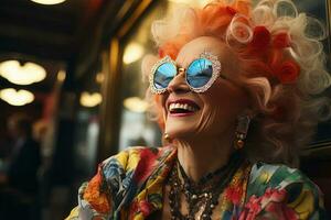 leende gammal tatuerade mode kvinna med djärv hår rökning en cigarett. ai genererad foto